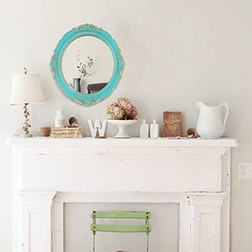 Eaoundm 13.1 x 14.8 inchs Decorative Wall Mirror,Vintage Hanging Mirrors for Bedroom Living-Room Dresser Decor Oval Blue Plastic Frame - Image 3