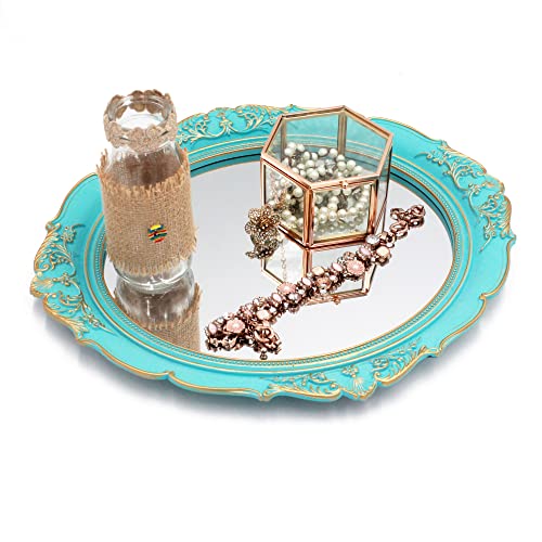 Eaoundm 13.1 x 14.8 inchs Decorative Wall Mirror,Vintage Hanging Mirrors for Bedroom Living-Room Dresser Decor Oval Blue Plastic Frame - Image 2