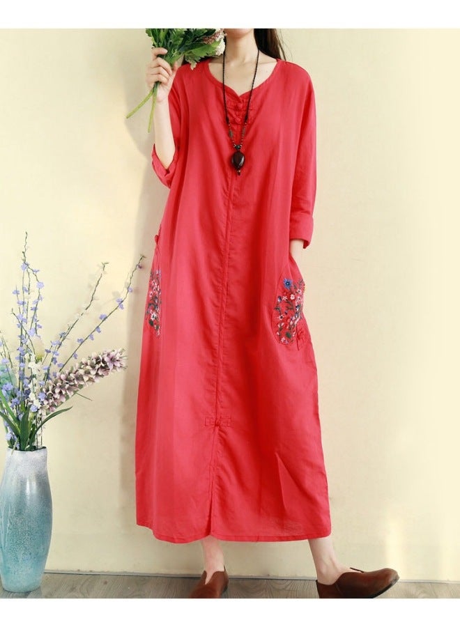 Spring And Summer 2023 Retro Ethnic Embroidery Large Size Dress Cotton And Linen Long Over-the-knee Blade Buckle Elegant Long Dress