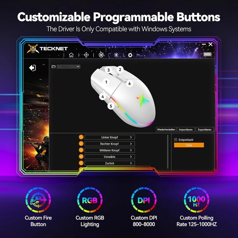 TECKNET Wireless Gaming Mouse - 8000 DPI, RGB Backlit, 6 Programmable Buttons, 100Hrs Battery Life, Dual Mode [2.4G & USB-C] for Laptop,PC,Mac - White - Image 4