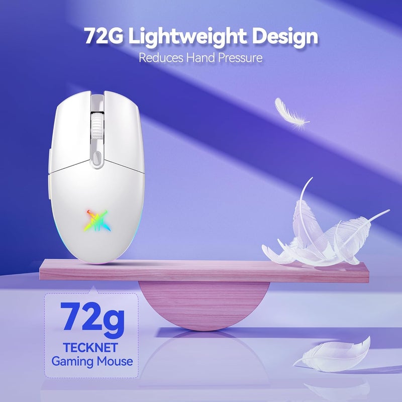TECKNET Wireless Gaming Mouse - 8000 DPI, RGB Backlit, 6 Programmable Buttons, 100Hrs Battery Life, Dual Mode [2.4G & USB-C] for Laptop,PC,Mac - White - Image 3