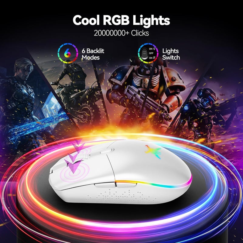 TECKNET Wireless Gaming Mouse - 8000 DPI, RGB Backlit, 6 Programmable Buttons, 100Hrs Battery Life, Dual Mode [2.4G & USB-C] for Laptop,PC,Mac - White - Image 5