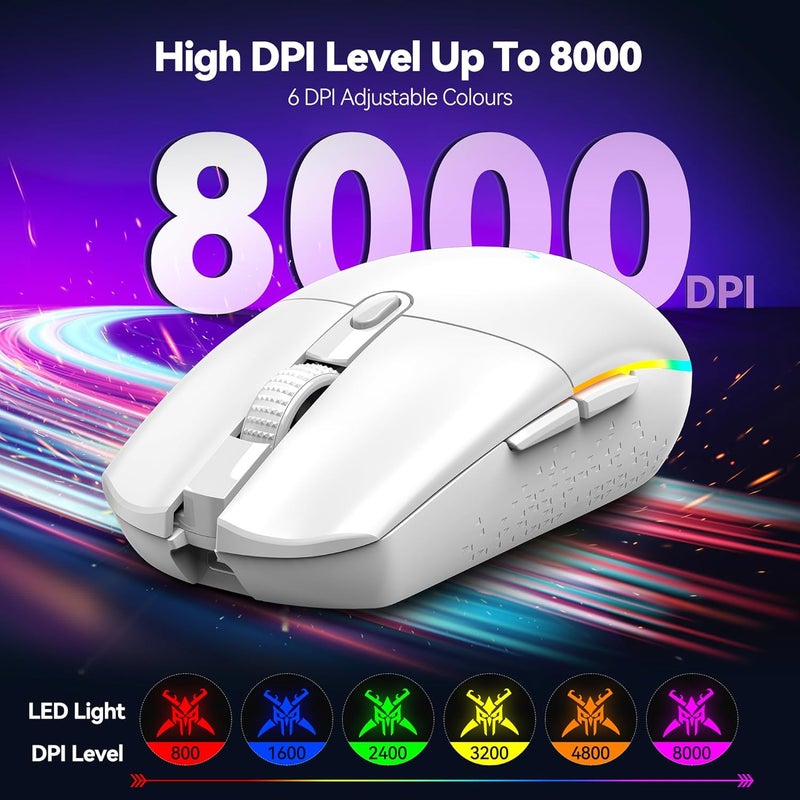 TECKNET Wireless Gaming Mouse - 8000 DPI, RGB Backlit, 6 Programmable Buttons, 100Hrs Battery Life, Dual Mode [2.4G & USB-C] for Laptop,PC,Mac - White - Image 2