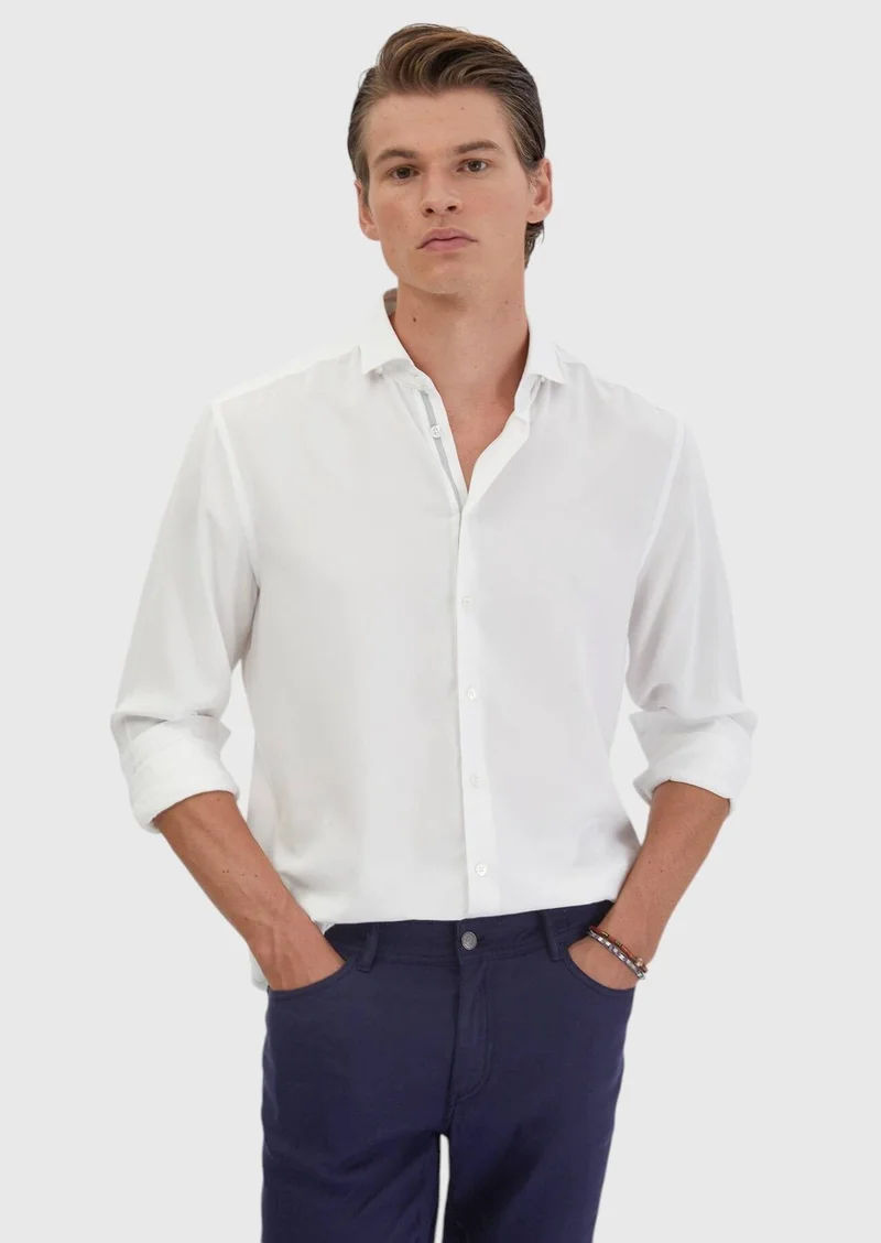 RAMSEY White Plain Casual Fit Long Weaving Casual Shirt