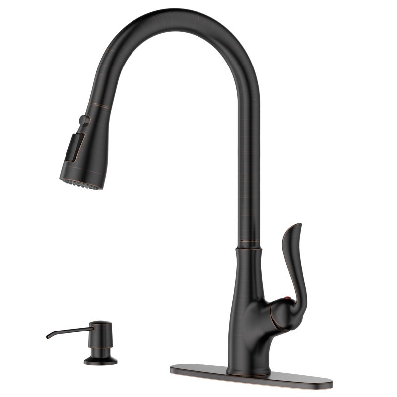 APPASO Pull Down Kitchen Faucet with Soap and Sprayer Oil Rubbed Bronze Single Handle Antique One Hole High Arc Pull Out Kitchen Sink Faucets and Soap Dispenser Antique Bronze - Image 2