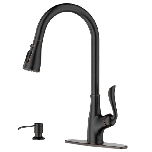 APPASO Pull Down Kitchen Faucet with Soap and Sprayer Oil Rubbed Bronze Single Handle Antique One Hole High Arc Pull Out Kitchen Sink Faucets and Soap Dispenser Antique Bronze - Image 1