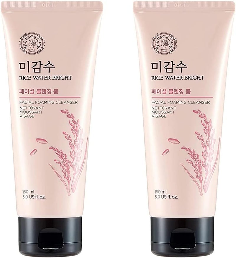 THEFACESHOP Foaming Facial Cleanser for Daily Face Washing Rice Water Bright Cleansing Foam Moisturizer Brightening Care for All Skin Types 150 mL 2 Pack