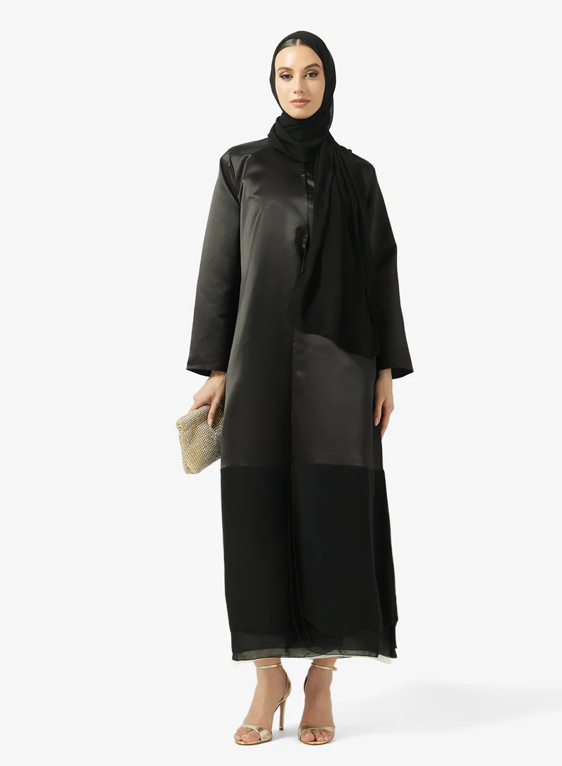 hayas closet  Sleek Modern Metallic Finish Open Front Abaya for Women | Best Price UAE