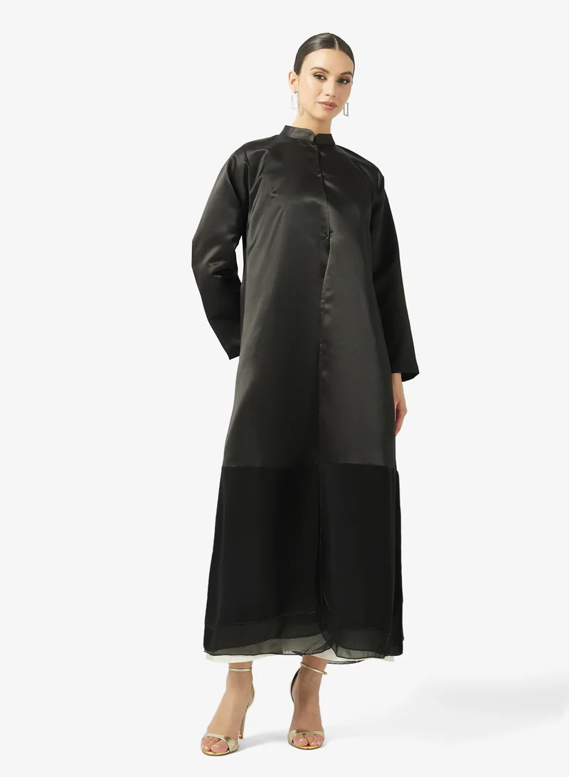 hayas closet  Sleek Modern Metallic Finish Open Front Abaya for Women | Best Price UAE