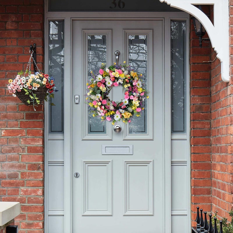 idyllic 22 Inch Spring Summer Wild Flower Front Door Wreath, Everyday Greenery Leaves for Indoor and Outdoor Use, Rustic Farmhouse Style Home Wreath Decor - Image 5
