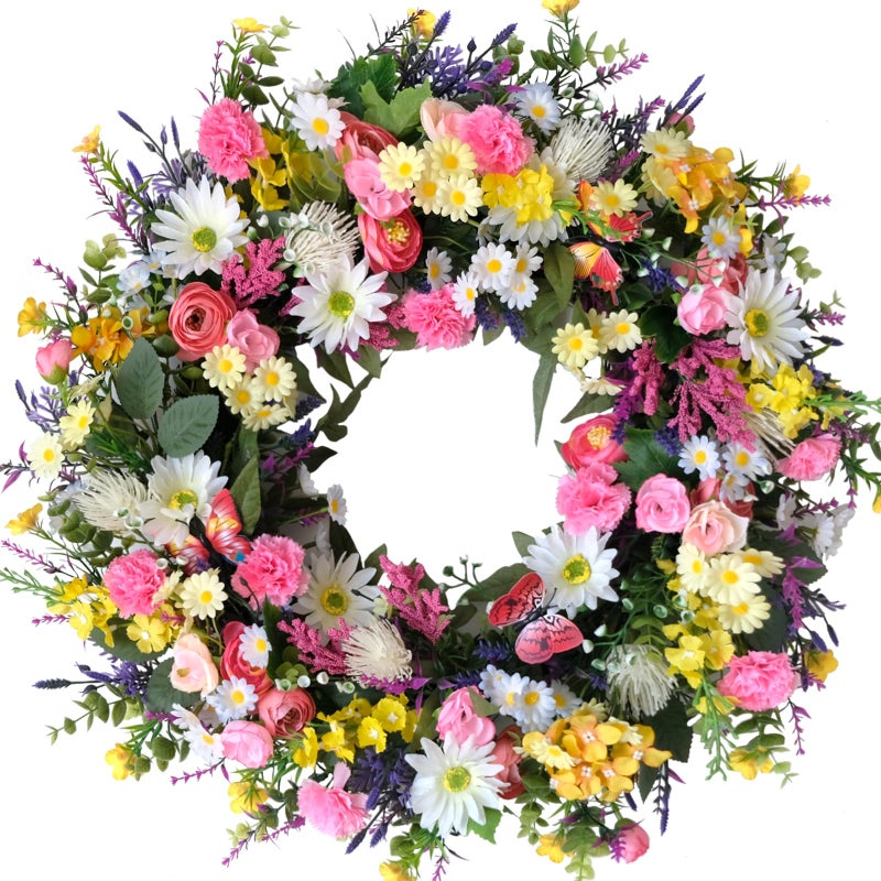 idyllic 22 Inch Spring Summer Wild Flower Front Door Wreath, Everyday Greenery Leaves for Indoor and Outdoor Use, Rustic Farmhouse Style Home Wreath Decor - Image 1