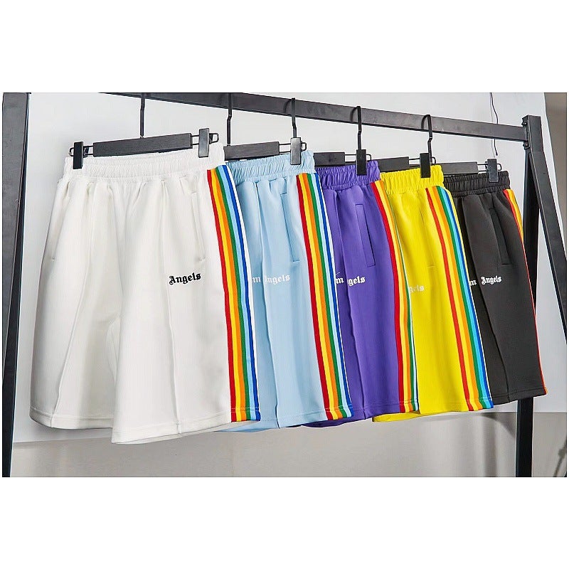 Pa Angel Fashion Brand Striped Rainbow Ribbon Shorts Men And Women Couple Fog High Street Palm Tree Loose Pants - Image 4