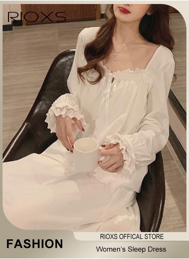 RIOXS Women's Long Dress, Leisure Dresses With Lace Trim, Soft Comfortable Pajama Dress, Ladies Relaxed Fit Dresses, Loose Dresses As Sleepwear Or Everyday Casual Wear, Ladies Nightgowns With Lasticband Narrow Cuffs, Ankle Length Dress For Beloved/ Families/ Friends  - Image 1