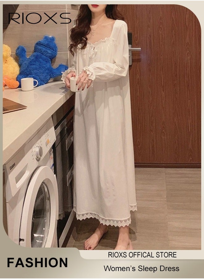RIOXS Women's Long Dress, Leisure Dresses With Lace Trim, Soft Comfortable Pajama Dress, Ladies Relaxed Fit Dresses, Loose Dresses As Sleepwear Or Everyday Casual Wear, Ladies Nightgowns With Lasticband Narrow Cuffs, Ankle Length Dress For Beloved/ Families/ Friends  - Image 2
