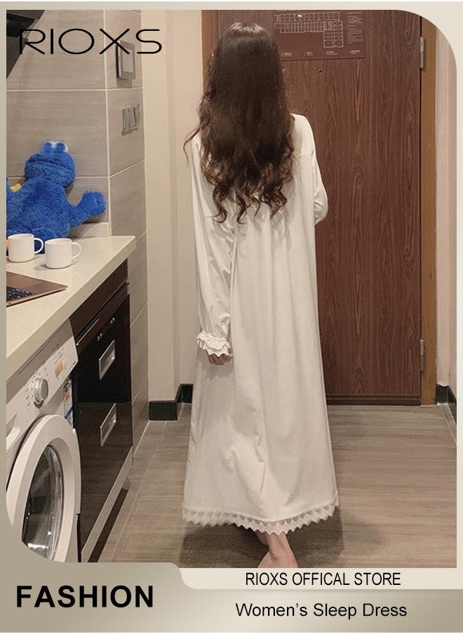 RIOXS Women's Long Dress, Leisure Dresses With Lace Trim, Soft Comfortable Pajama Dress, Ladies Relaxed Fit Dresses, Loose Dresses As Sleepwear Or Everyday Casual Wear, Ladies Nightgowns With Lasticband Narrow Cuffs, Ankle Length Dress For Beloved/ Families/ Friends  - Image 3