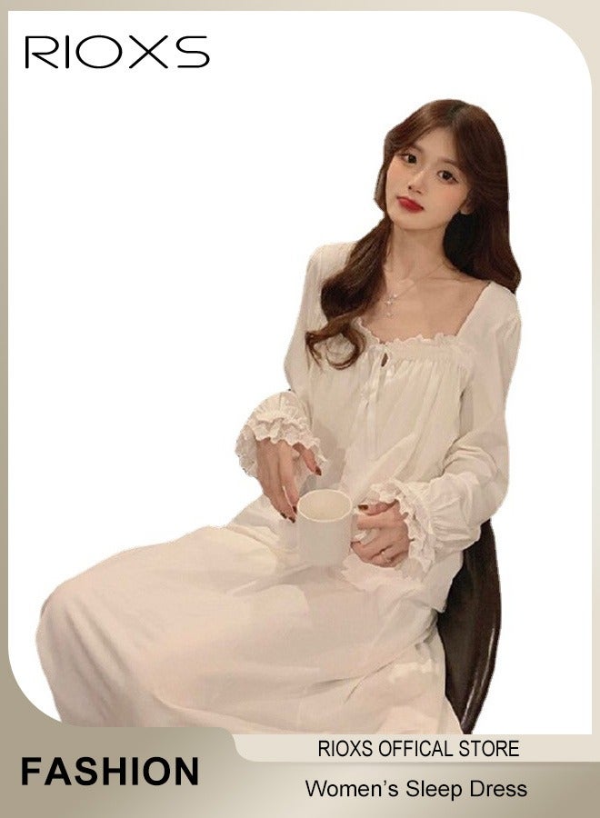 Women's Long Dress, Leisure Dresses With Lace Trim, Soft Comfortable Pajama Dress, Ladies Relaxed Fit Dresses, Loose Dresses As Sleepwear Or Everyday Casual Wear, Ladies Nightgowns With Lasticband Narrow Cuffs, Ankle Length Dress For Beloved/ Families/ Friends