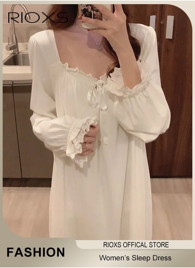 RIOXS Women's Long Dress, Leisure Dresses With Lace Trim, Soft Comfortable Pajama Dress, Ladies Relaxed Fit Dresses, Loose Dresses As Sleepwear Or Everyday Casual Wear, Ladies Nightgowns With Lasticband Narrow Cuffs, Ankle Length Dress For Beloved/ Families/ Friends  - Image 4
