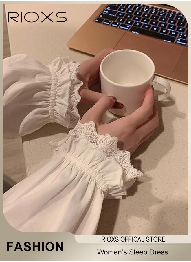 RIOXS Women's Long Dress, Leisure Dresses With Lace Trim, Soft Comfortable Pajama Dress, Ladies Relaxed Fit Dresses, Loose Dresses As Sleepwear Or Everyday Casual Wear, Ladies Nightgowns With Lasticband Narrow Cuffs, Ankle Length Dress For Beloved/ Families/ Friends  - Image 5