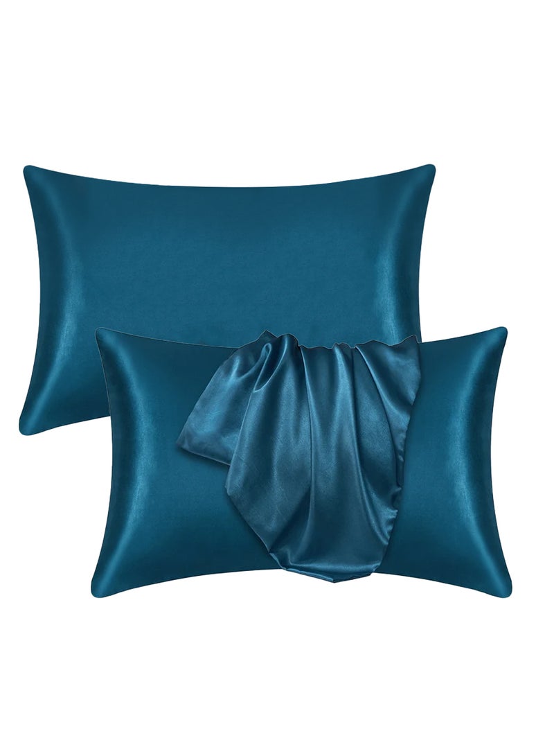 VITION Satin Silk Pillow Case Cover for Hair and Skin, Soft Breathable Smooth Both Sided Silk Pillow Cover Pair (King - 50 x 102cm - 2pcs - Peacock Blue)
