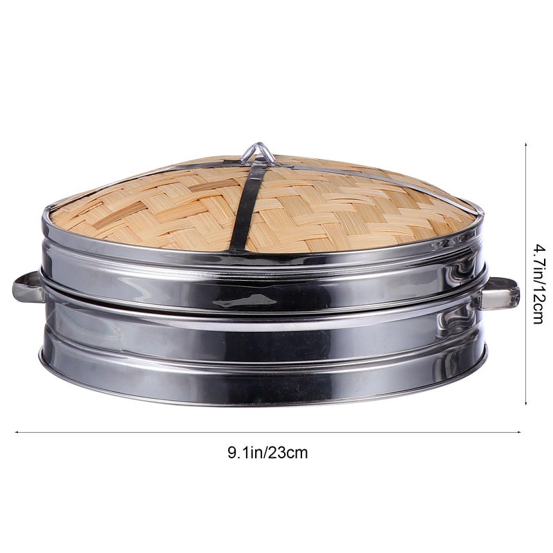 Stainless Steel Steamer Basket with Lid 20cm Double Handled Food Dumpling Steamer Set - Image 3