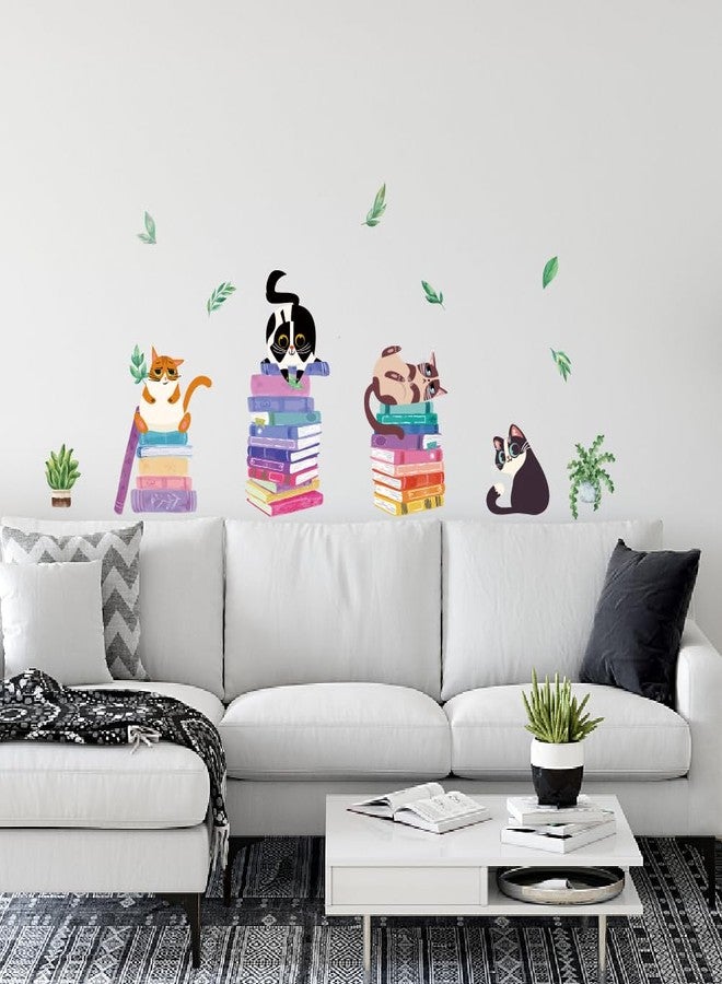 SUPERDANT Cats Reading Wall Stickers Colorful Book Plants Wall Decor Cat Kitty Kitten Nursery Decorations Study Classroom Bedroom Art Livingroom Reading Corner School Kids Room Wallpaper Decor - Image 4