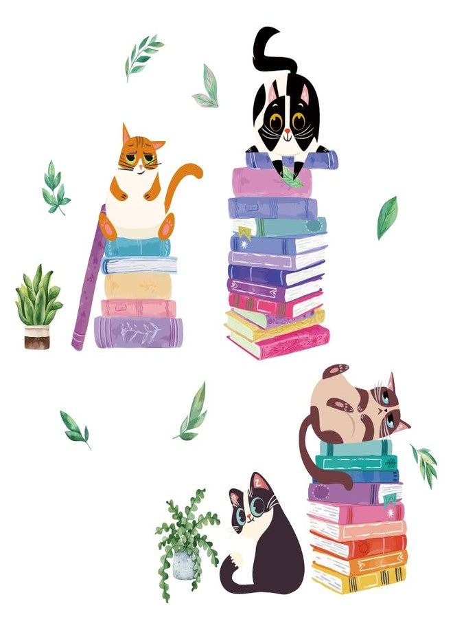 SUPERDANT Cats Reading Wall Stickers Colorful Book Plants Wall Decor Cat Kitty Kitten Nursery Decorations Study Classroom Bedroom Art Livingroom Reading Corner School Kids Room Wallpaper Decor - Image 1
