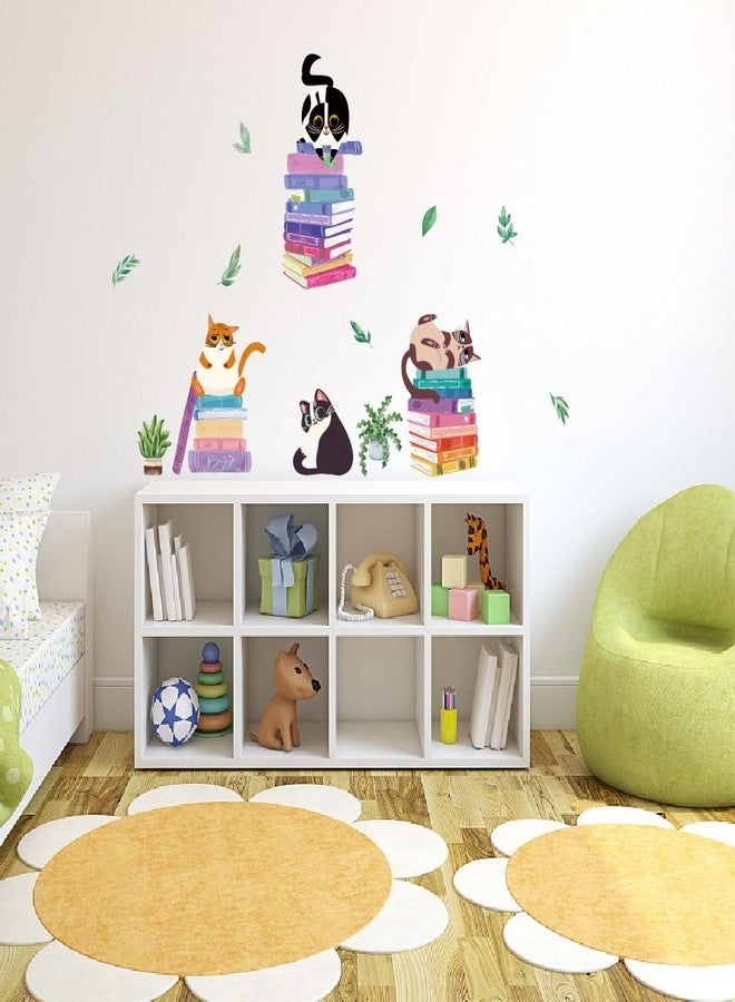 SUPERDANT Cats Reading Wall Stickers Colorful Book Plants Wall Decor Cat Kitty Kitten Nursery Decorations Study Classroom Bedroom Art Livingroom Reading Corner School Kids Room Wallpaper Decor - Image 3