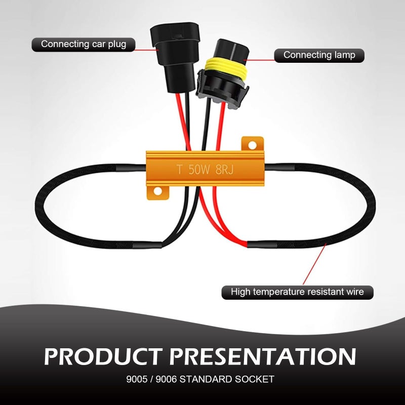 Qurbuns 2 PCS 9005/9006 LED Load Resistor Kit, 50W Headlight Bulb Decoder, Anti Flicker Harness Resistor Kit, Pure Copper Wire Plug and Play Warning Canceller, Universal for Most Cars (Black) - Image 2