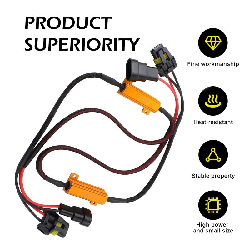 Qurbuns 2 PCS 9005/9006 LED Load Resistor Kit, 50W Headlight Bulb Decoder, Anti Flicker Harness Resistor Kit, Pure Copper Wire Plug and Play Warning Canceller, Universal for Most Cars (Black) - Image 4