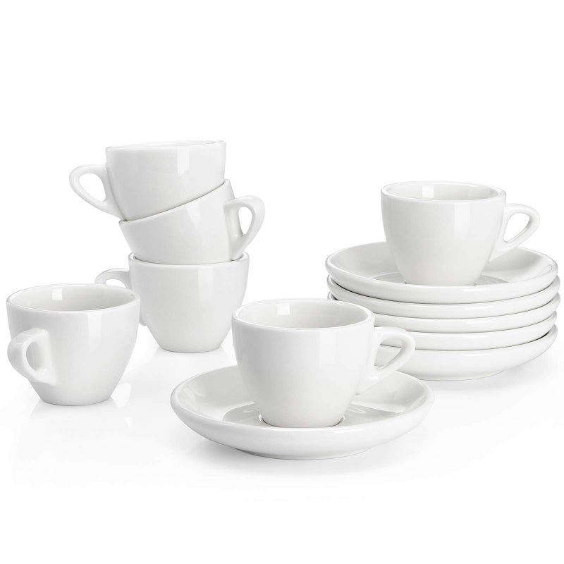 Sweese 401.001 Porcelain Espresso Cups with Saucers - 2 Ounce - Set of 6, White - Image 1