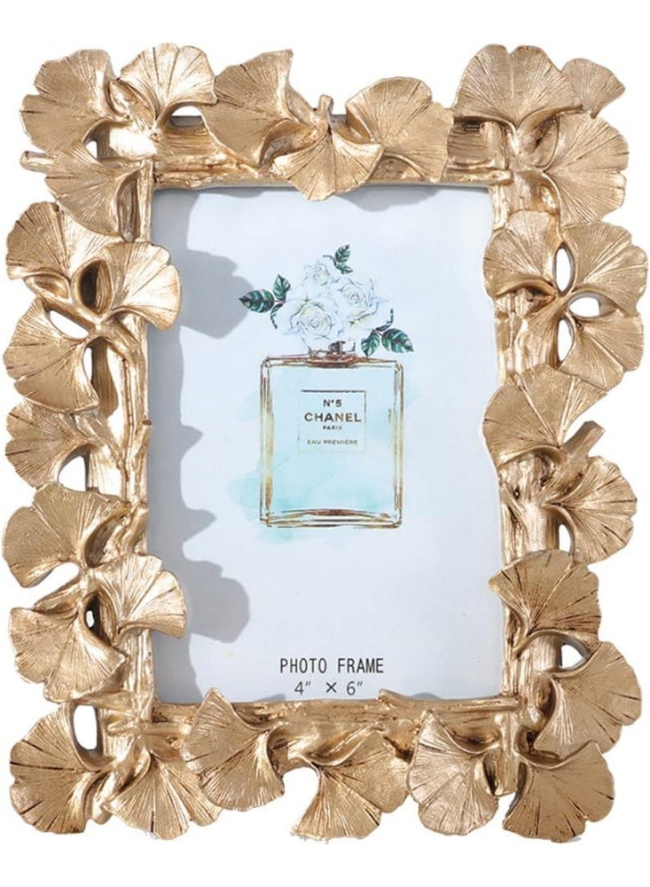 يقبست Photo Frame, Polyresin Picture Frame Gold Ginkgo Leaves for Lovers Home Decoration Ornament Gifts Golden Vintage Table Top Display and Personalized Gallery Wall Hanging Decor (Gold) - Image 2