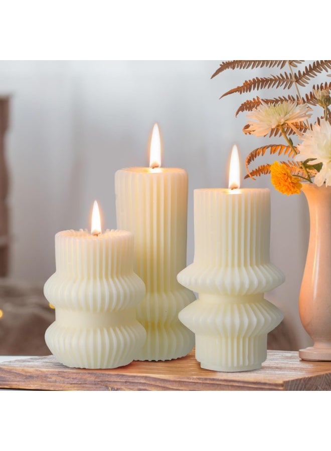 3 Pcs White Ribbed Pillar Candles, Soy Wax Scented Geometric Decorative Set - Image 3