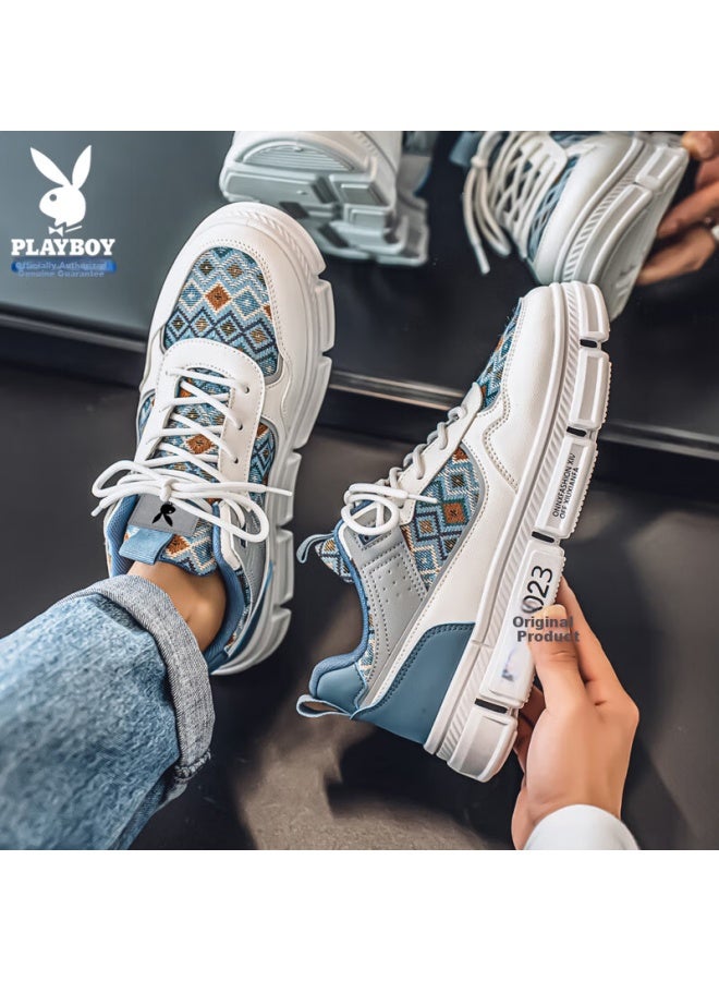 Playboy Men's Sneakers Spring Summer Low-top Patchwork Casual Sports Shoes White Blue Size 43 - Image 1