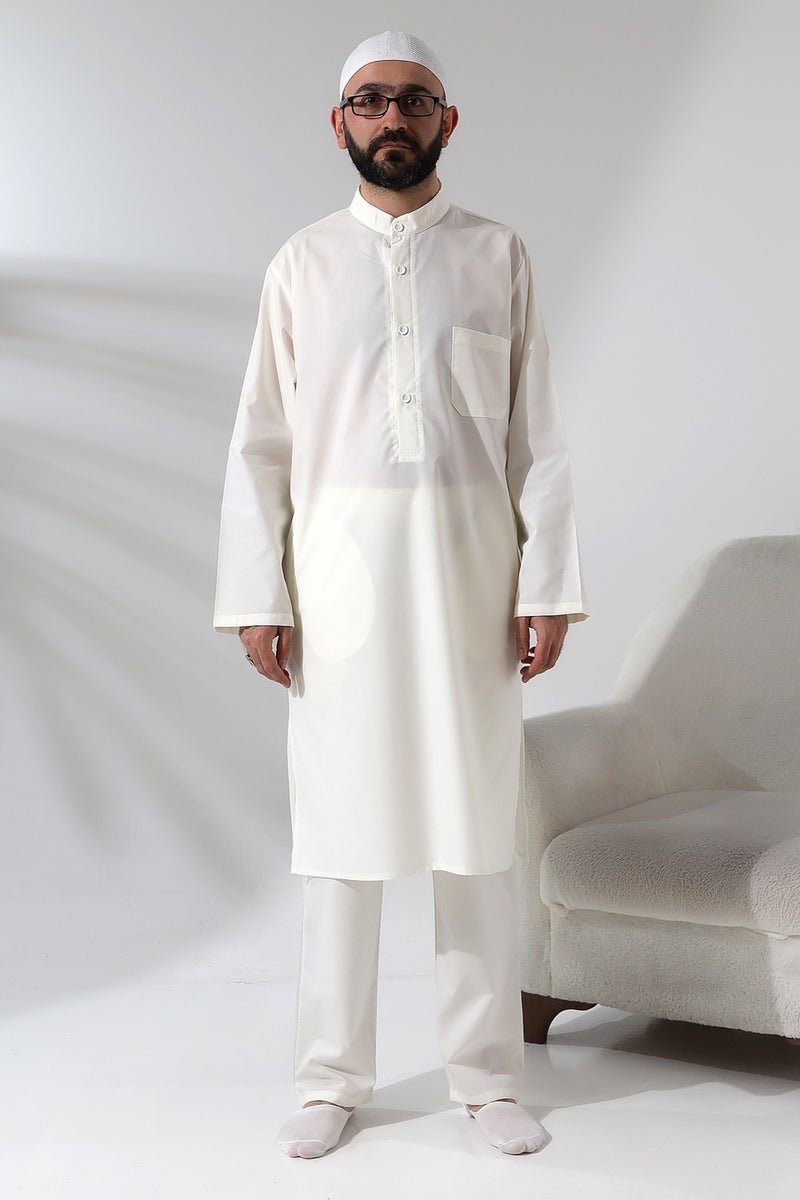 İhvan Online Men's Hajj and Umrah Outfit Double Bottom Top Afghan Set Cream  - Image 1