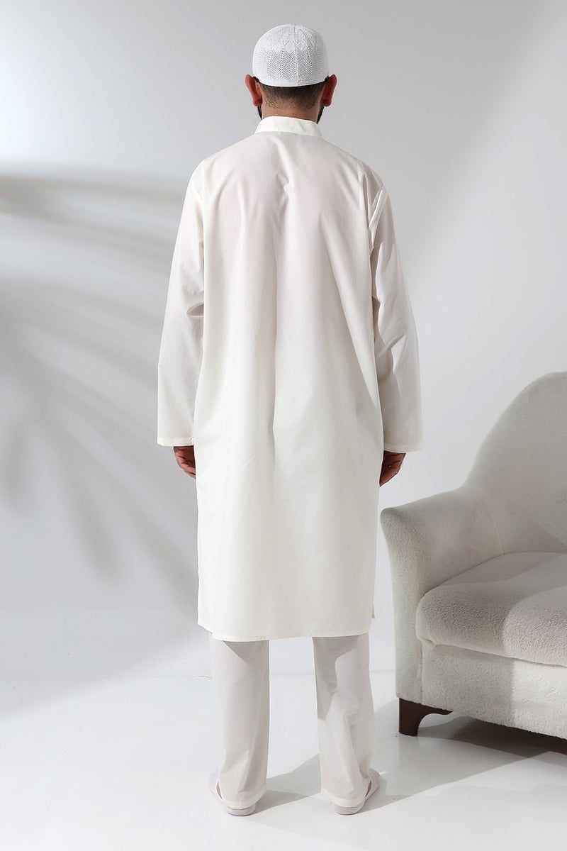İhvan Online Men's Hajj and Umrah Outfit Double Bottom Top Afghan Set Cream  - Image 4