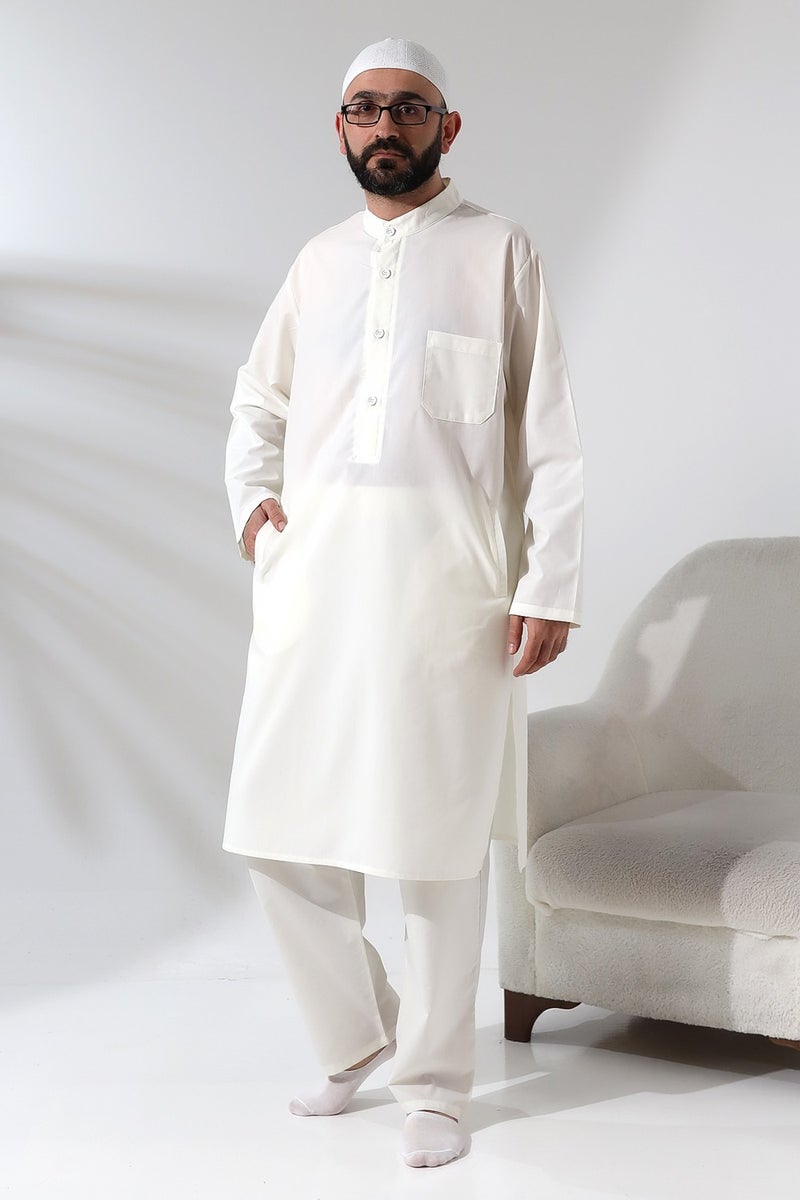 İhvan Online Men's Hajj and Umrah Outfit Double Bottom Top Afghan Set Cream  - Image 3