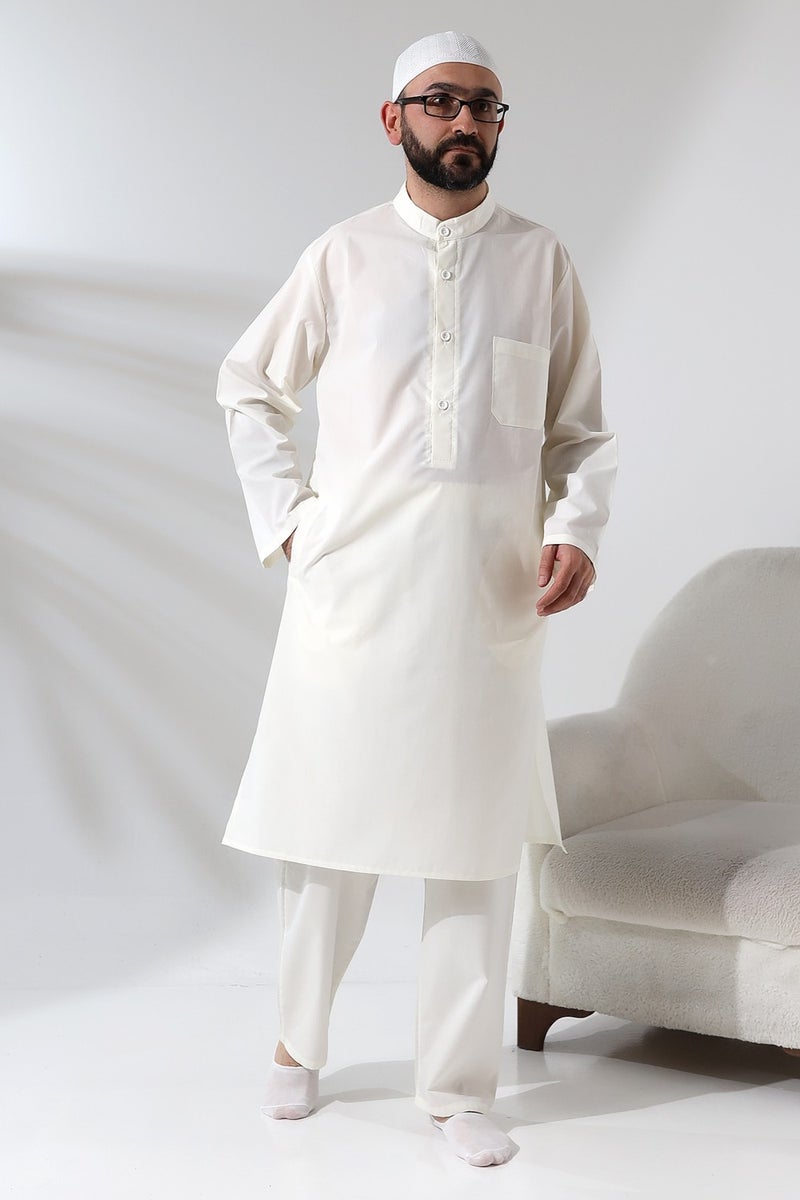 İhvan Online Men's Hajj and Umrah Outfit Double Bottom Top Afghan Set Cream  - Image 2