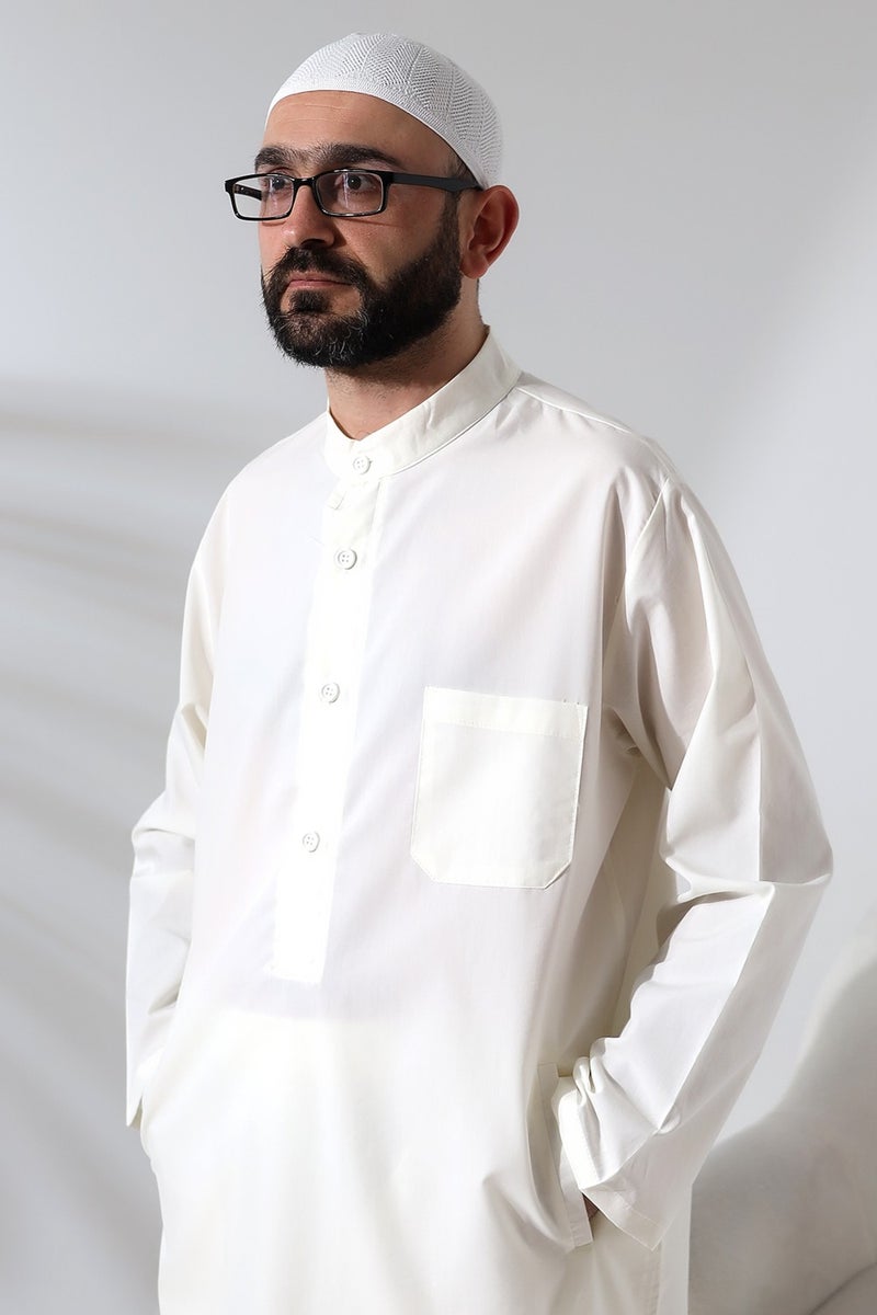 İhvan Online Men's Hajj and Umrah Outfit Double Bottom Top Afghan Set Cream  - Image 5