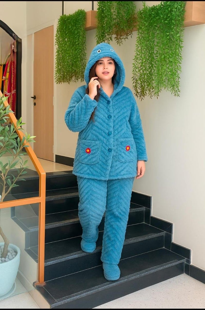 Ukal Women's Wool Blend & Fleece Long Sleeve Pullover Hoodies Set Full Length Winter Nightwear Pajama and top Set Tracksuit Gym Suit Night Suit (in, Alpha, XL, Plus Size, Blue) - Image 2
