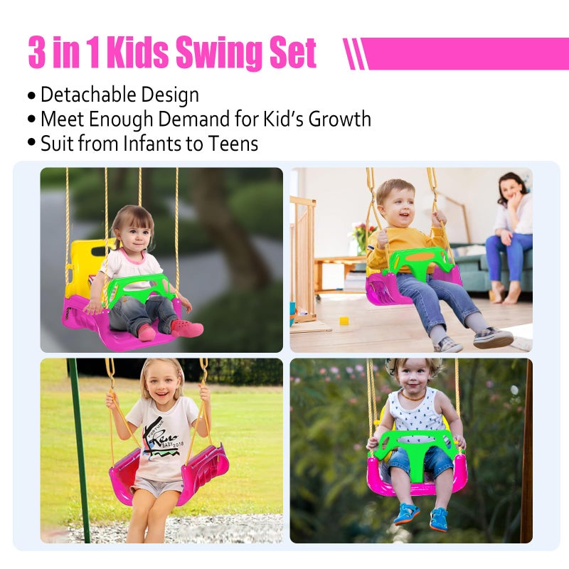 IFOYO 3-in-1 Convertible Kids Swing Seat with Detachable High-Back Support, Secure Indoor/Outdoor Playground Swing for Kids (Pink) - Image 3