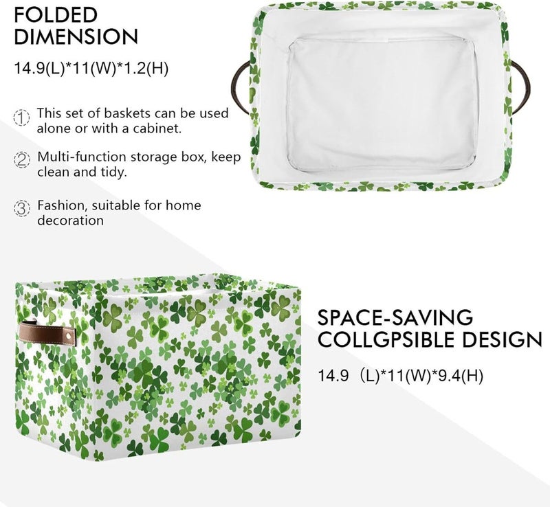 senya Large Foldable Storage Basket with Handles, St. Patrick's Day Lucky Clover Shamrocks Fabric Collapsible Storage Bins Organizer Bag for Baby Storage Toy Storage 15 x 11 x 9.5 inch - Image 3