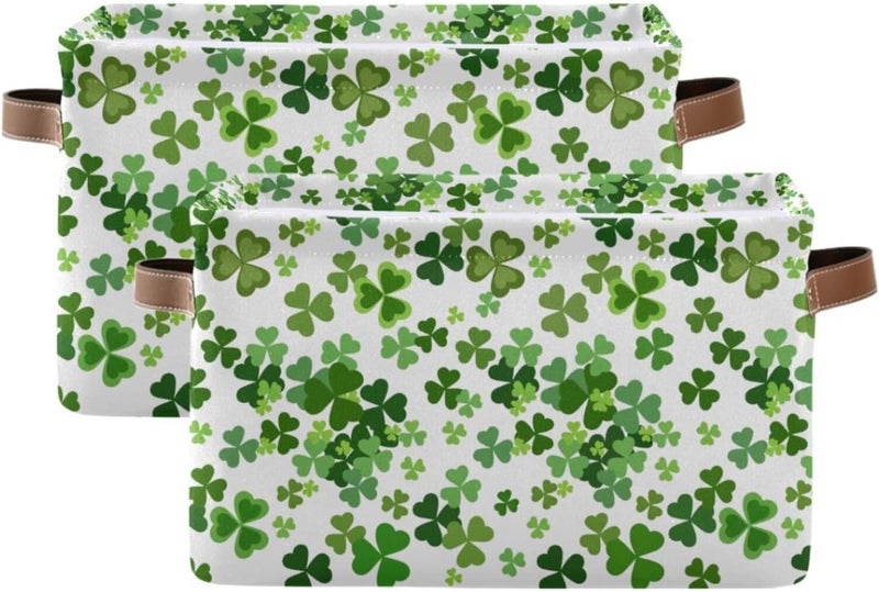 senya Large Foldable Storage Basket with Handles, St. Patrick's Day Lucky Clover Shamrocks Fabric Collapsible Storage Bins Organizer Bag for Baby Storage Toy Storage 15 x 11 x 9.5 inch - Image 2