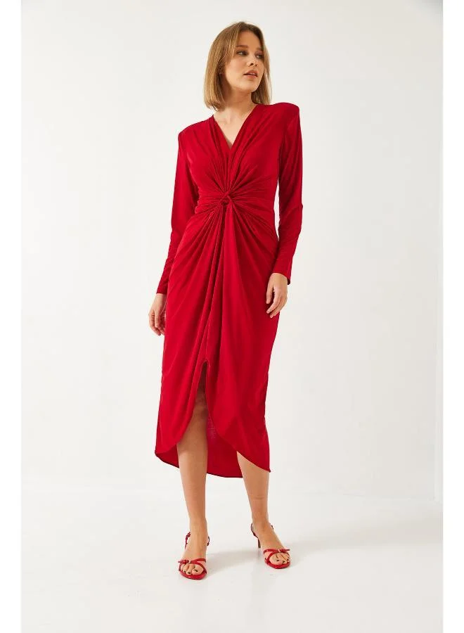 Ginger V Neck Draped Midi Dress