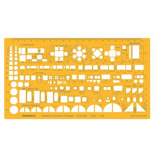 Isomars Architectural Combination Template 1:100 Scale, Architect Furniture Floor Plan Stencil with Living Room, Bedroom, Kitchen, Bath Symbols, Door Openings & Measuring Scale for Blueprint Drafting - Image 1