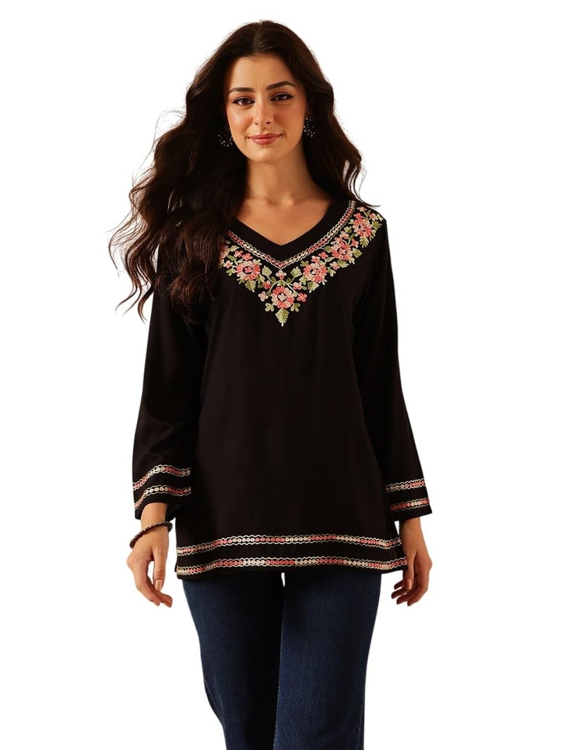 QAZMI Women's Ariana Kashmiri Embroidered V-Neck Short Kurti_L Black - Image 1