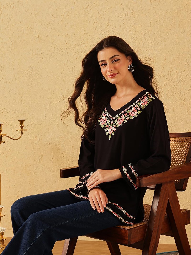 QAZMI Women's Ariana Kashmiri Embroidered V-Neck Short Kurti_L Black - Image 2