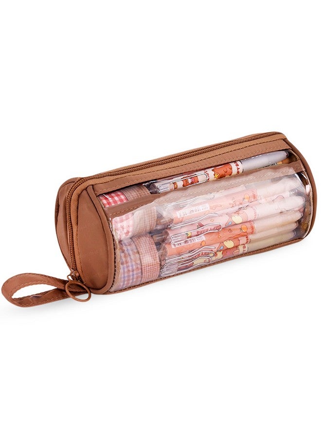 FunBlast Large Capacity Pencil Bag - Multi Compartment Transparent Pencil Pouch with Zipper, Portable Makeup Pouch, Aesthetic Pouch, Cute Stationery Bag for Students Girls Adults Office (Tan) - Image 1