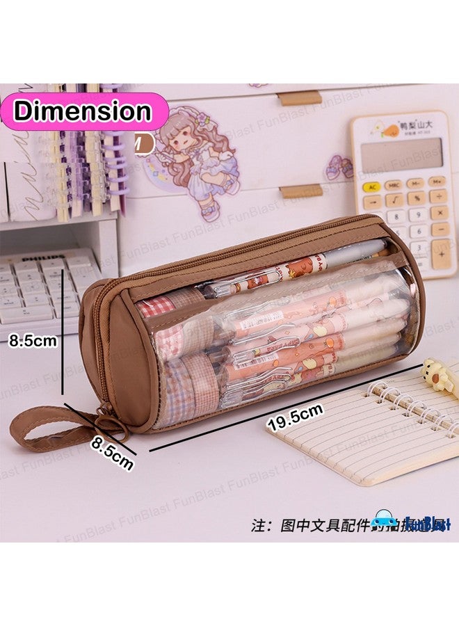 FunBlast Large Capacity Pencil Bag - Multi Compartment Transparent Pencil Pouch with Zipper, Portable Makeup Pouch, Aesthetic Pouch, Cute Stationery Bag for Students Girls Adults Office (Tan) - Image 3