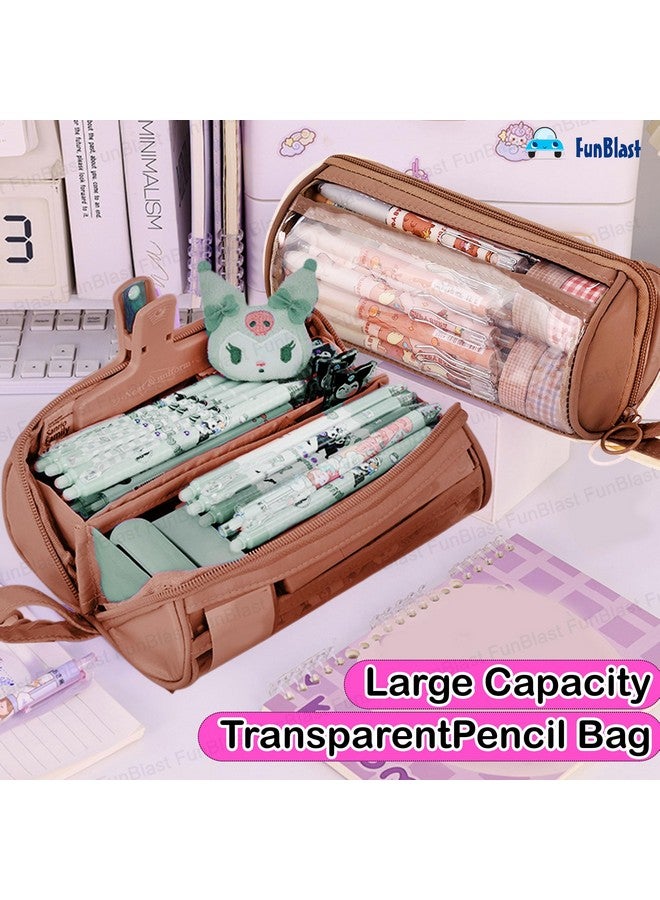 FunBlast Large Capacity Pencil Bag - Multi Compartment Transparent Pencil Pouch with Zipper, Portable Makeup Pouch, Aesthetic Pouch, Cute Stationery Bag for Students Girls Adults Office (Tan) - Image 2