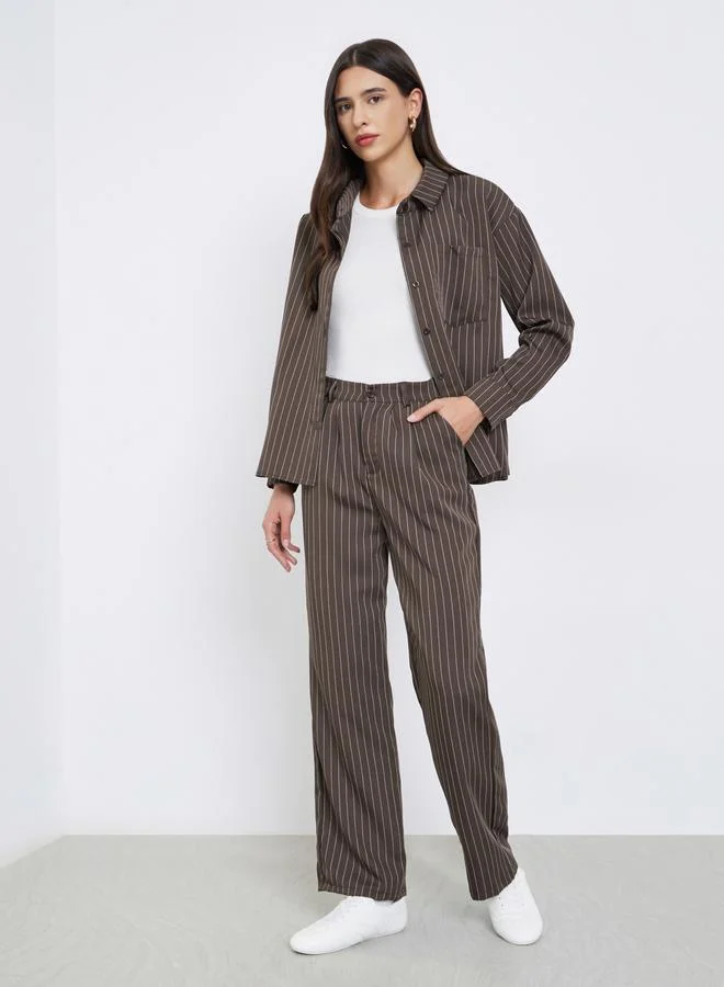 Brown Regular Fit Pinstripe Shirt and Pants Co-ords